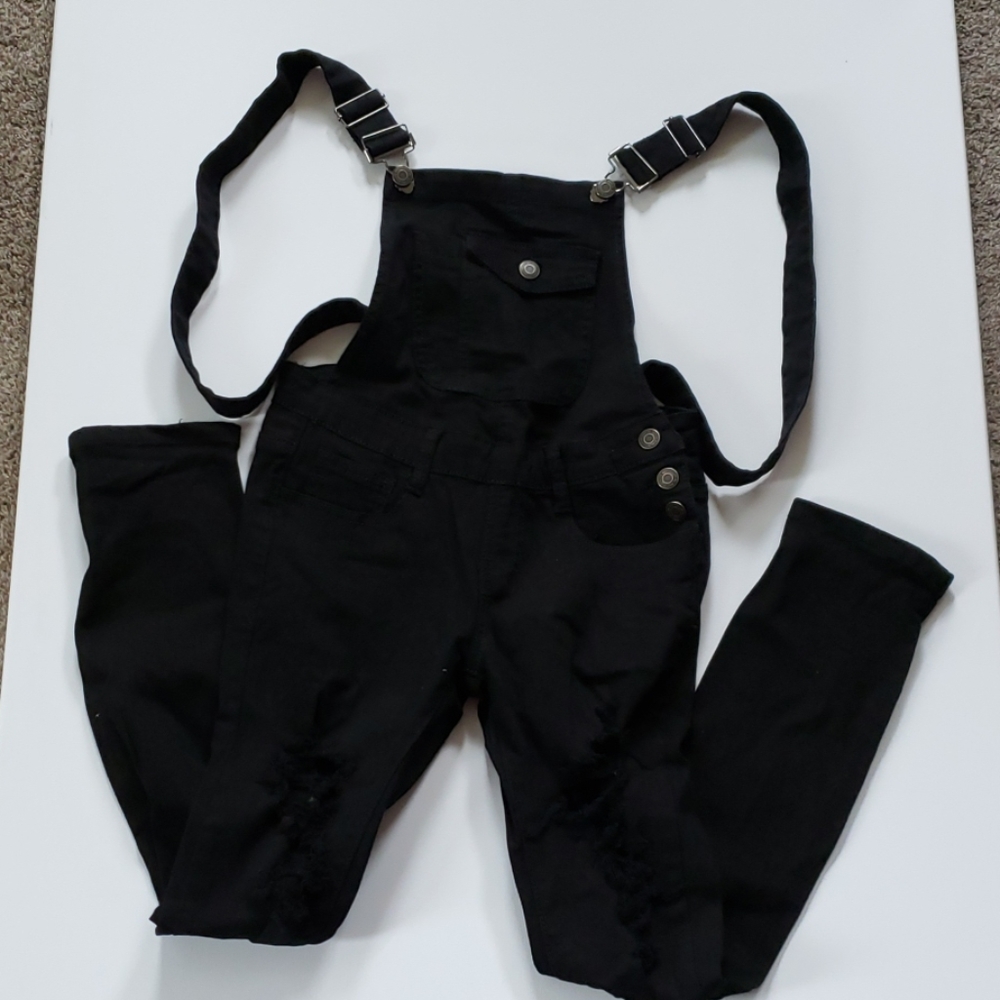 Black Denim Overalls With Leg Slits Size S